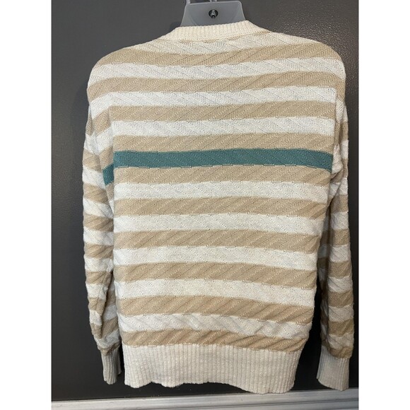 Vintage Daniel Hechter Sweater Mens Small Beige White Stripe Cardigan Teal 80s - Picture 5 of 8